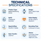 home sleep apnea monitoring device technical specifications showing wrist-style design, spo2 recording, pulse waveform, nasal airflow monitoring, 12-hour recording and alarm functions