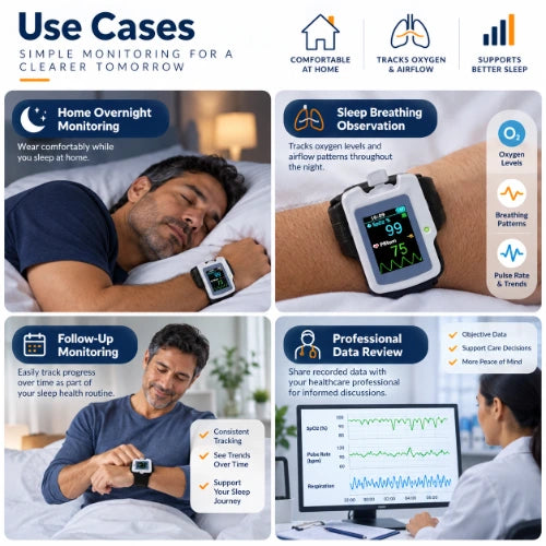 home sleep apnea monitoring device use cases for overnight monitoring, sleep breathing observation, follow-up monitoring and professional data review