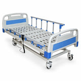 5 function electric icu bed with abs head and foot panels, collapsible safety rails, hand remote and braked castor wheels
