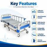 icu bed key features including 5 electric functions, hand remote control, abs head and foot panels, collapsible safety rails, 4-section platform and braked castors