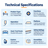 icu bed technical specifications showing electric backrest, knee rest, hi-lo, trendelenburg and reverse trendelenburg functions with abs panels and collapsible side rails