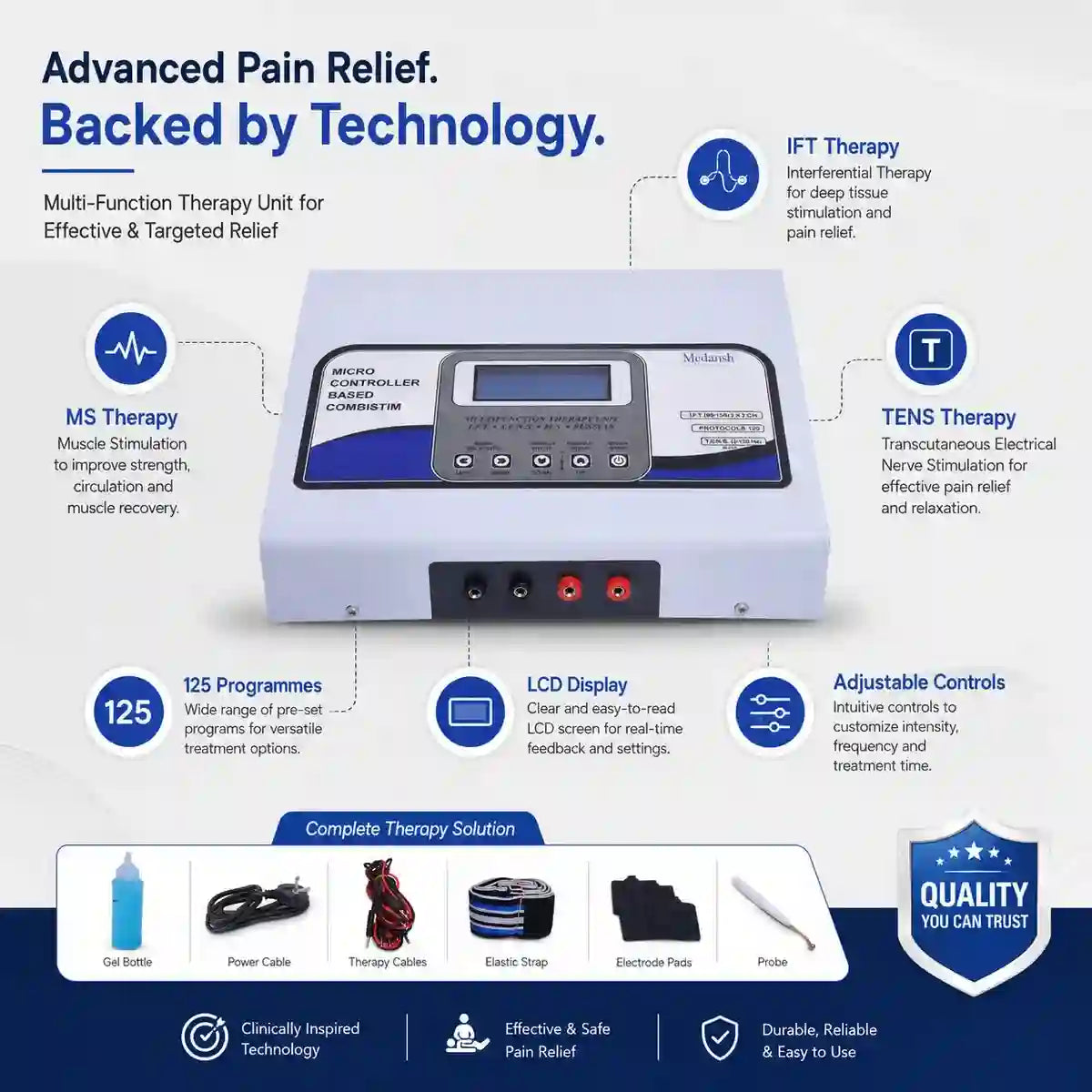 3-in-1 IFT MS TENS combination therapy unit feature highlights – 125 programmes interferential muscle stimulation TENS