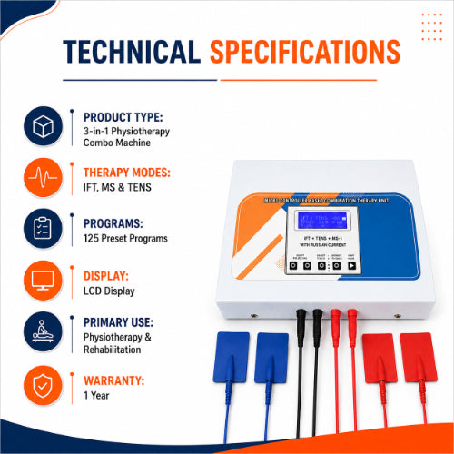 ift ms tens combo machine technical specifications with 125 programs lcd display physiotherapy use and 1 year warranty