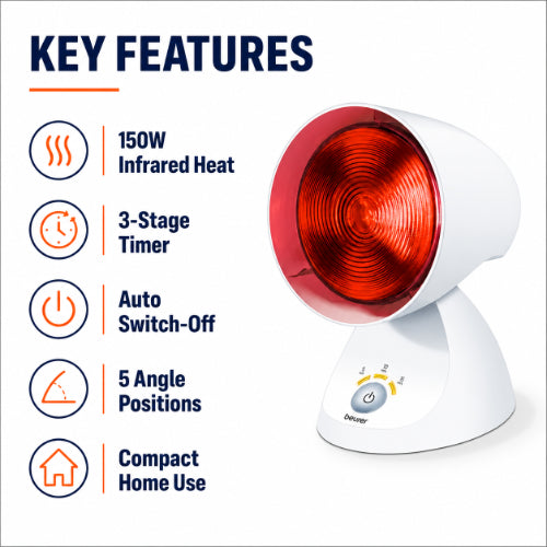 infrared heat lamp key features with 150w heating, timer settings, safe operation and targeted relief