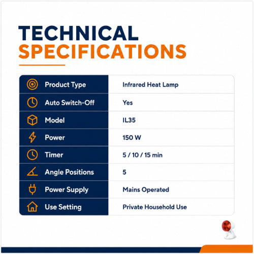 infrared heat lamp technical specifications with 150w power, timer, adjustable angle and household use