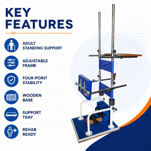 key features of adjustable metallic standing frame adult with wooden base