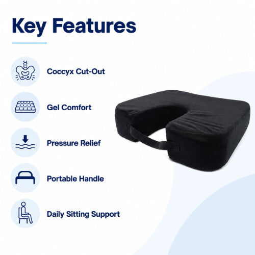 key features of gel coccyx seat cushion including ergonomic u shape pressure relief comfort support and everyday use