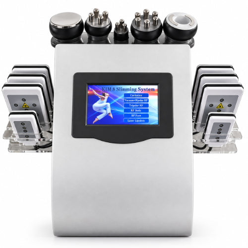 kim 8 cavitation slimming machine with touchscreen display, multiple rf treatment handles and lipo laser pads for professional body contouring use