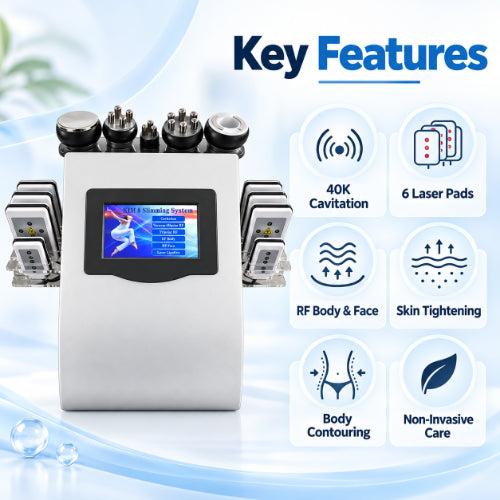 kim 8 slimming machine key features including 40k cavitation, 6 laser pads, rf body and face treatment, skin tightening and non-invasive body contouring