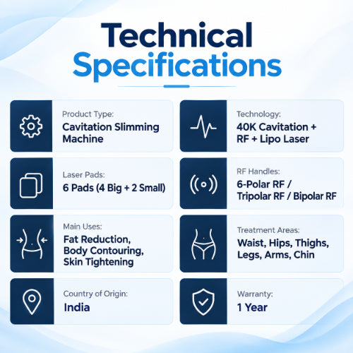 kim 8 cavitation slimming machine technical specifications with 40k cavitation, rf therapy, 6 lipo laser pads and multiple rf handles for body contouring