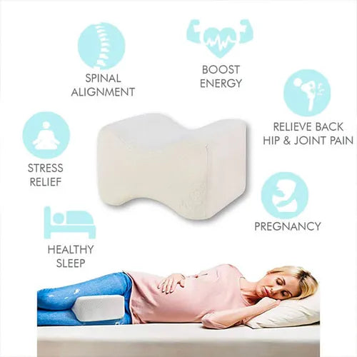 Knee pillow positioned between knees for side-sleeping comfort
