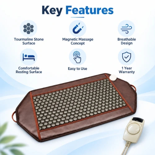 magnetic massage mattress key features including tourmaline stone surface, magnetic massage concept, breathable design, comfortable resting surface and easy operation