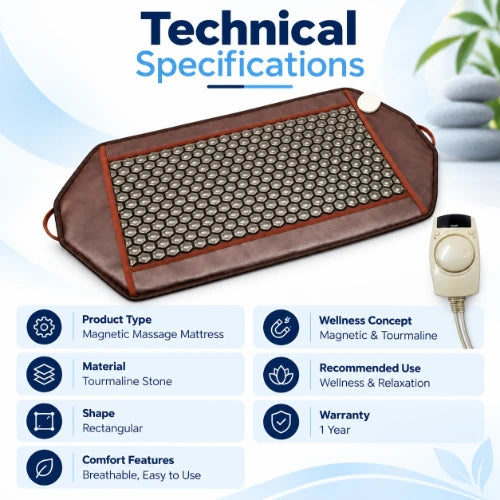 magnetic massage mattress technical specifications with tourmaline stone material, rectangular design, breathable comfort and 1 year warranty