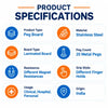magnetic peg board technical specifications showing laminated board, 25 stainless steel pegs, different magnetic resistance levels and varied finger grip styles