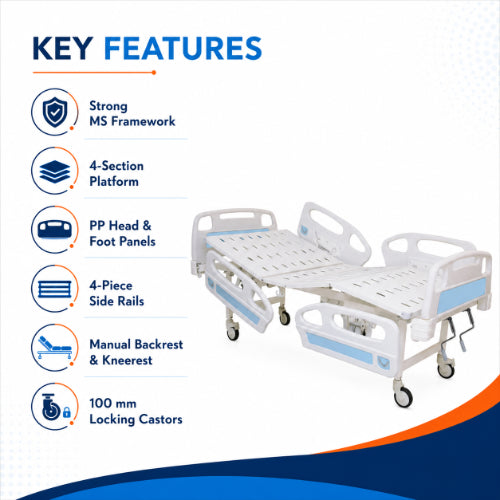 mechanical hospital bed key features with strong ms framework manual adjustment and four piece side rails