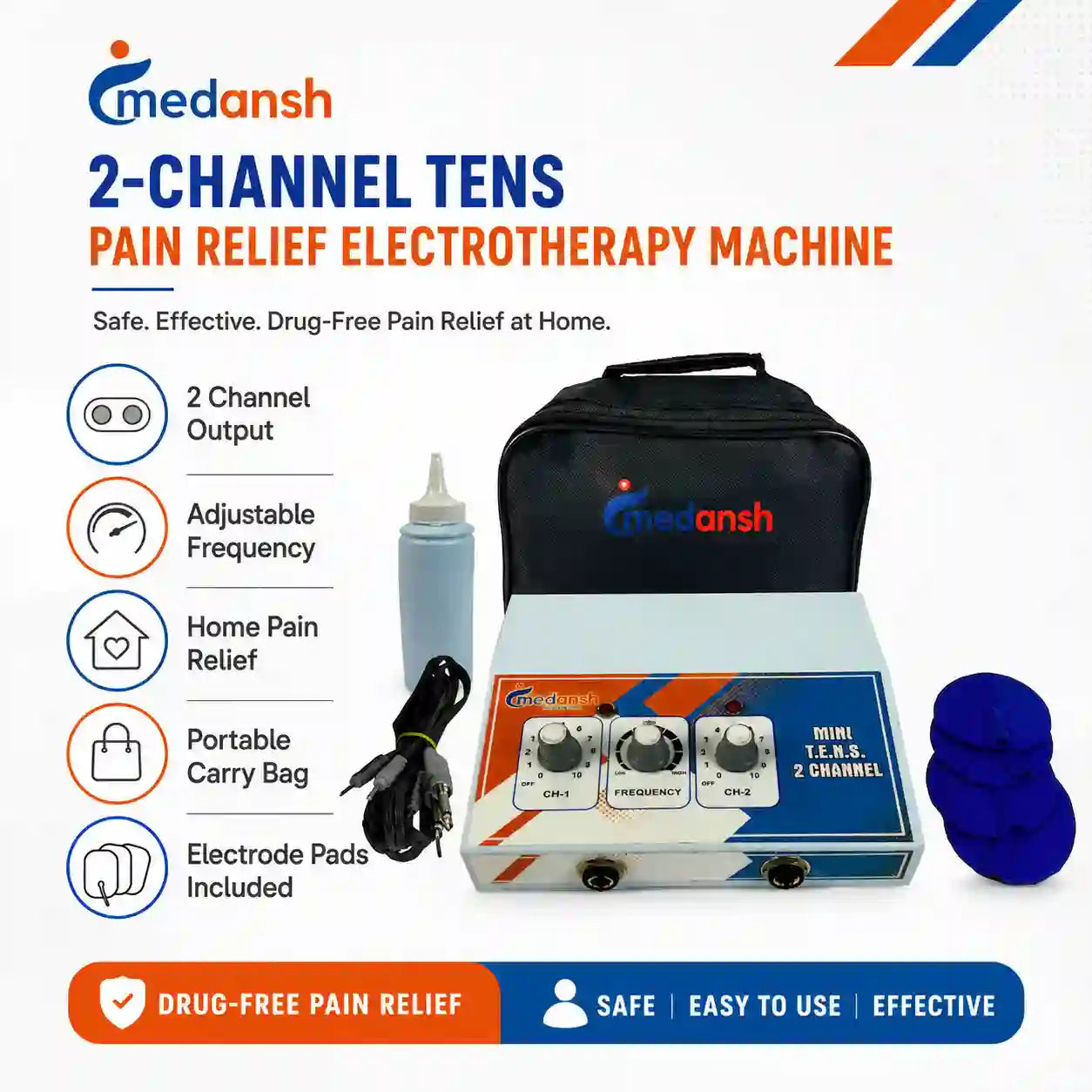 Medansh 2-Channel TENS pain relief electrotherapy machine – 2 channel output, adjustable frequency, home pain relief, portable carry bag, electrode pads included