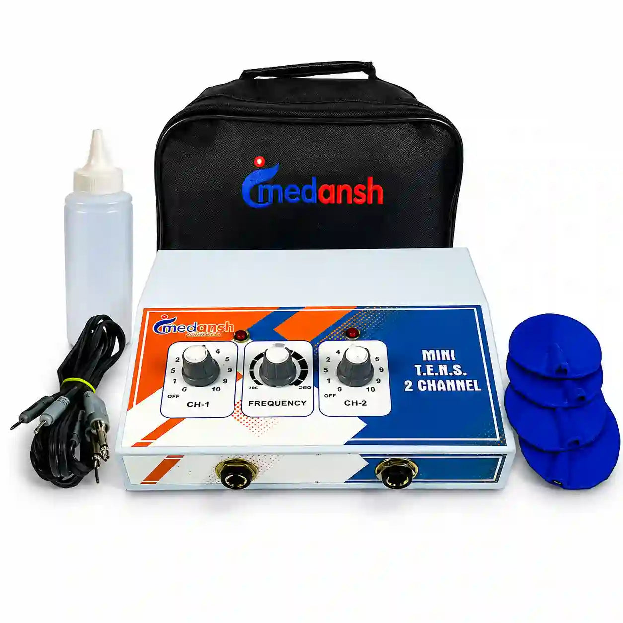Medansh Mini TENS 2-Channel Machine complete kit with carry bag, electrode pads, lead wire and accessory bottle