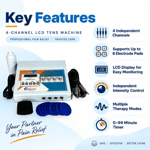 medansh 4 channel tens machine lcd non-invasive low-risk nerve stimulation reduce pain with 1 year warranty use cases for lower back pain relief, neck and shoulder therapy, knee and joint support, physiotherapy and rehabilitation