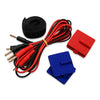 Four reusable TENS electrode pads with Velcro straps laid out