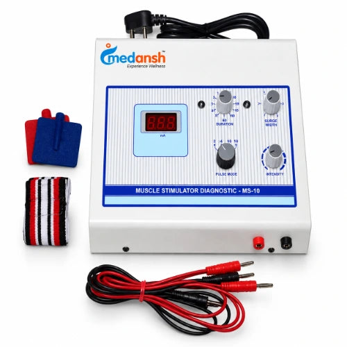 medansh diagnostic muscle stimulator with digital ma display, intensity controls, electrode pads, elastic strap and connecting cables for physiotherapy use