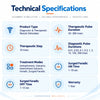 medansh diagnostic muscle stimulator technical specifications showing therapeutic and diagnostic pulse durations, iontophoresis, galvanic, intermittent galvanic, faradic and surged faradic modes with 1 year warranty