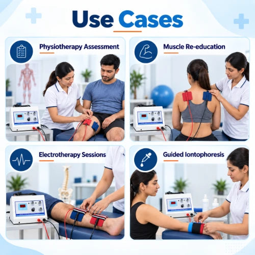 medansh diagnostic muscle stimulator use cases for physiotherapy assessment, muscle re-education, electrotherapy sessions and guided iontophoresis
