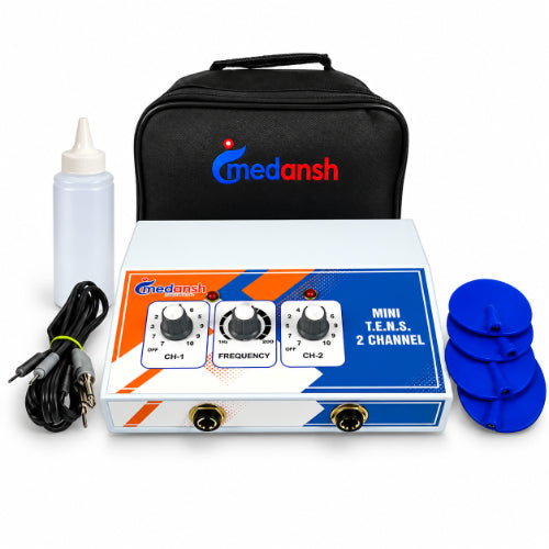 medansh mini tens 2 channel machine with carrying case, electrode pads, lead wires and gel bottle for pain relief and physiotherapy use