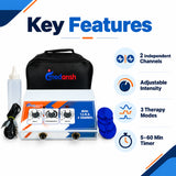 medansh mini tens 2 channel key features including 2 independent channels, adjustable intensity, 3 therapy modes and 5–60 minute timer