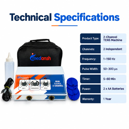 medansh mini tens 2 channel technical specifications with 2 independent channels, 1–150 hz frequency, 50–300 µs pulse width and 5–60 minute timer