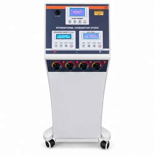 medansh physio studio 6 in 1 delux physiotherapy machine on trolley base with digital control panel and caster wheels