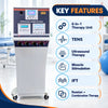 key features of medansh physio studio 6 in 1 delux physiotherapy machine including 6 in 1 therapy unit, tens, ultrasound therapy, muscle stimulation, ift, and russian plus combination therapy