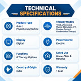 technical specifications of medansh physio studio 6 in 1 delux physiotherapy machine showing digital display, electric power source, 6 therapy options, home clinic and hospital use, and 1 year warranty
