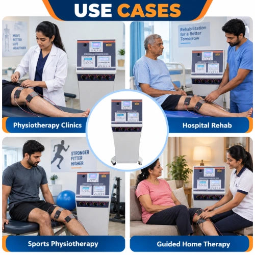 use cases of medansh physio studio 6 in 1 delux physiotherapy machine for physiotherapy clinics, hospital rehab, sports physiotherapy, and guided home therapy