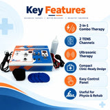 medansh ultrasonic with 2 channel tens combo machine product image with ultrasonic probe, gel bottle, electrode pads, straps and lead wires