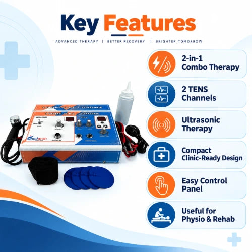 medansh ultrasonic with 2 channel tens combo machine product image with ultrasonic probe, gel bottle, electrode pads, straps and lead wires