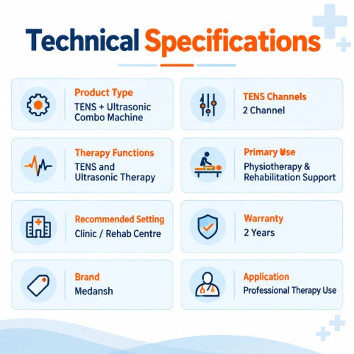 medansh ultrasonic with 2 channel tens combo machine technical specifications showing tens plus ultrasonic combo therapy, 2 channel output, physiotherapy and rehabilitation support, clinic use and 2 years warranty