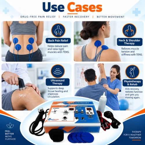 medansh ultrasonic with 2 channel tens combo machine use cases for back pain relief, neck and shoulder therapy, ultrasound therapy and physiotherapy rehabilitation