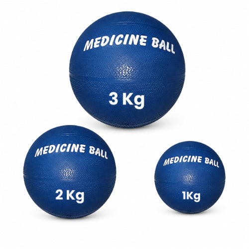 medicine ball combo set with blue 1 kg 2 kg and 3 kg weighted exercise balls