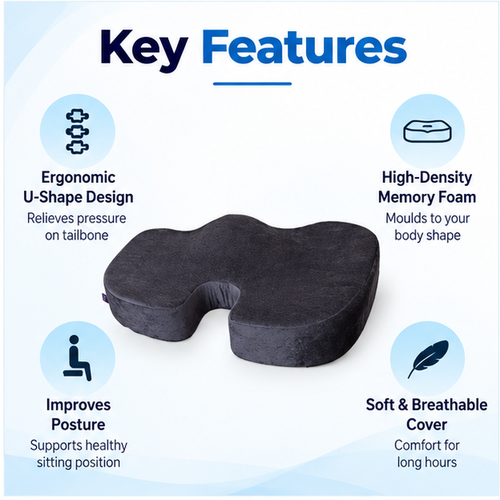 coccyx seat cushion key features including ergonomic u-shape, high-density memory foam, posture support and soft breathable cover