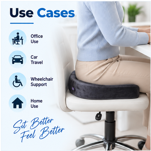 coccyx seat cushion use cases for office use, car travel, wheelchair support and home seating comfort