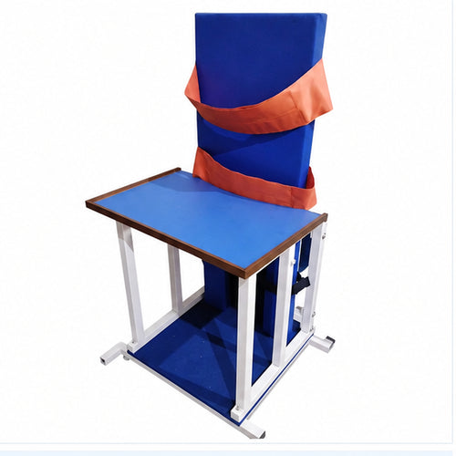 metal standing frame for adult with padded back support, adjustable body straps, support table and anti-slip base for rehabilitation use