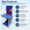 metal standing frame key features including sturdy metal frame, body support straps, support table, non-slip base and adult rehabilitation support