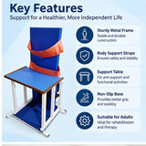 metal standing frame key features including sturdy metal frame, body support straps, support table, non-slip base and adult rehabilitation support