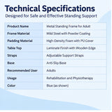 metal standing frame technical specifications with mild steel frame, high-density foam padding, adjustable straps, laminate table top and anti-slip base