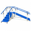 metallic corner stair case with ramp featuring blue steps, inclined ramp, adjustable handrails and sturdy rehabilitation frame
