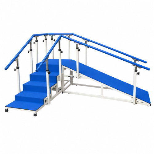 metallic corner stair case with ramp featuring blue steps, inclined ramp, adjustable handrails and sturdy rehabilitation frame