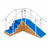 metallic corner stair case with ramp featuring five steps, inclined ramp, adjustable handrails and anti-skid blue surface