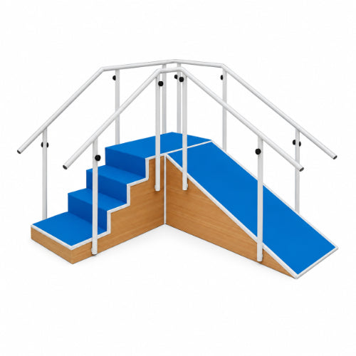 metallic corner stair case with ramp featuring five steps, inclined ramp, adjustable handrails and anti-skid blue surface