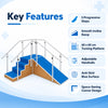 metallic corner stair case with ramp key features including 5 progressive steps, smooth incline ramp, turning platform and adjustable handrails