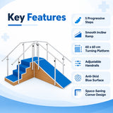 metallic corner stair case with ramp key features including 5 progressive steps, smooth incline ramp, turning platform and adjustable handrails